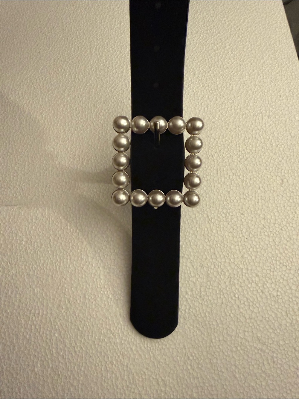 Vintage Chic Black Waist Belt with Square Faux Pearl Buckle 1XL